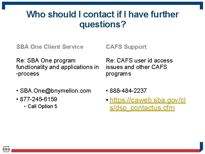 Who should I contact if I have further questions? SBA One Client Service CAFS