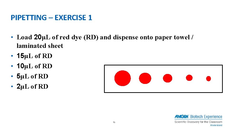 PIPETTING – EXERCISE 1 • Load 20μL of red dye (RD) and dispense onto