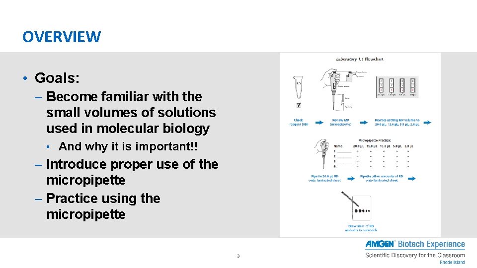 OVERVIEW • Goals: – Become familiar with the small volumes of solutions used in