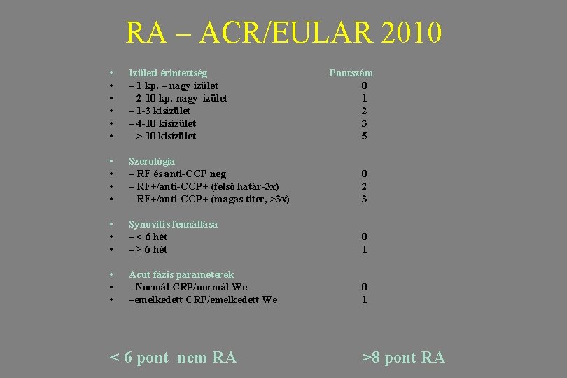 RA – ACR/EULAR 2010 • • • Izületi érintettség – 1 kp. – nagy