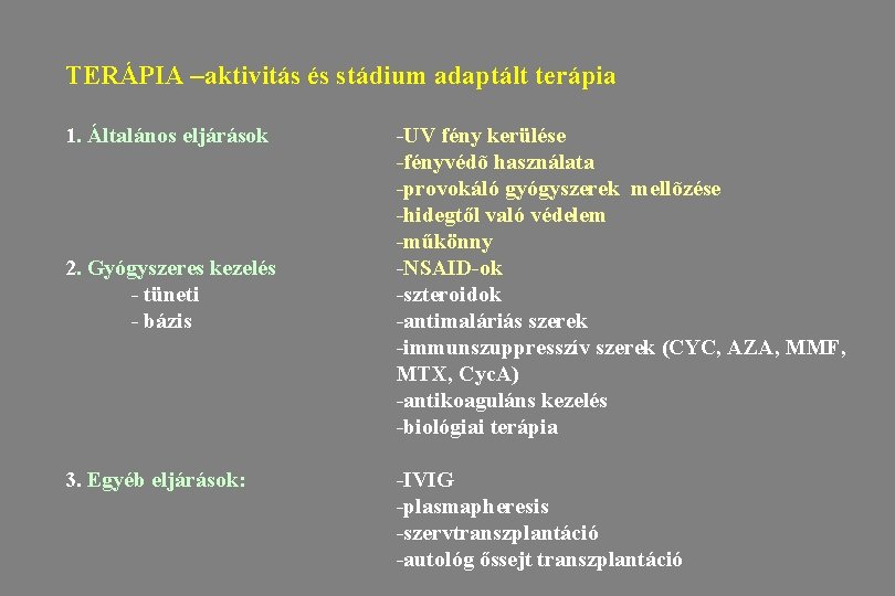 TERÁPIA –aktivitás és stádium adaptált terápia 1. Általános eljárások 2. Gyógyszeres kezelés - tüneti