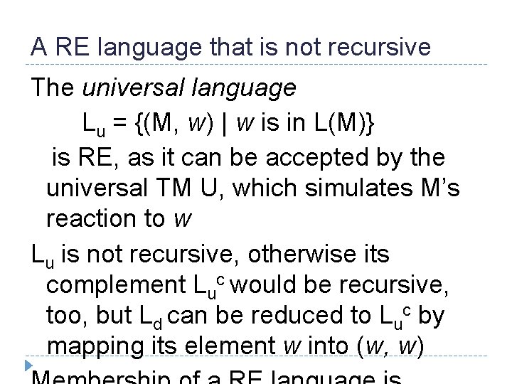 A RE language that is not recursive The universal language Lu = {(M, w)