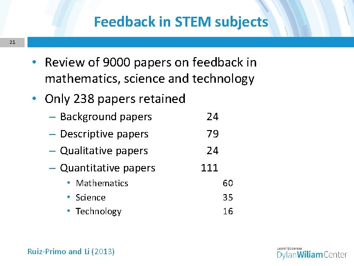 Feedback in STEM subjects 21 • Review of 9000 papers on feedback in mathematics,