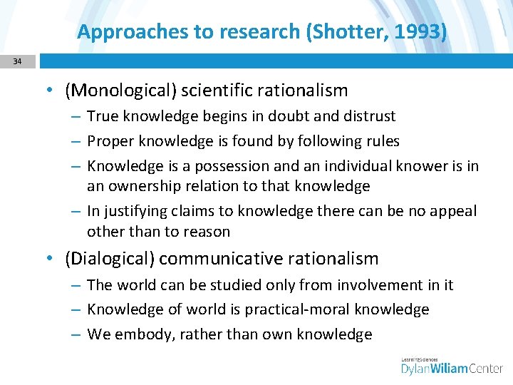 Approaches to research (Shotter, 1993) 34 • (Monological) scientific rationalism – True knowledge begins