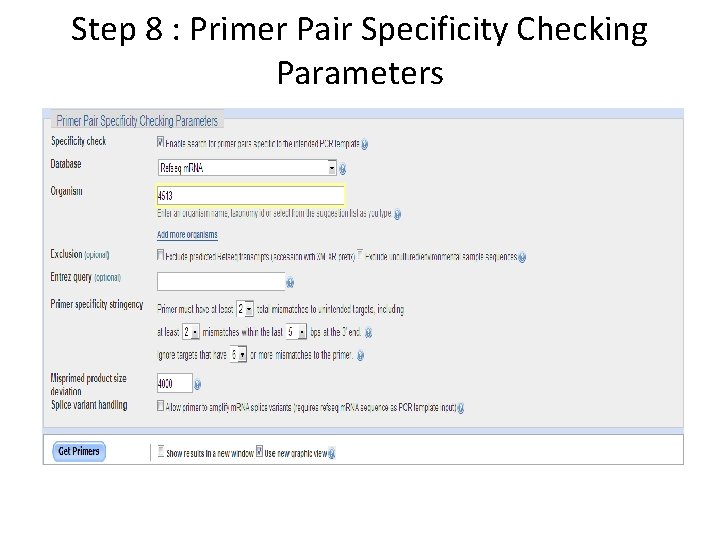 Step 8 : Primer Pair Specificity Checking Parameters 