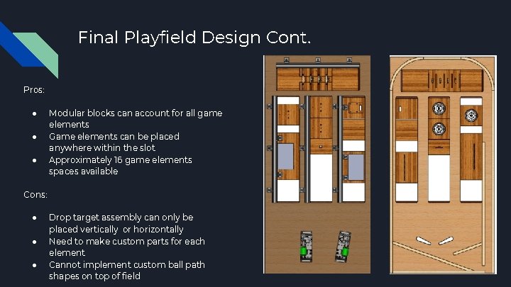 Final Playfield Design Cont. Pros: ● ● ● Modular blocks can account for all