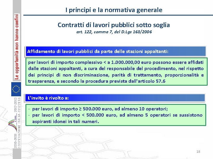 I principi e la normativa generale Contratti di lavori pubblici sotto soglia art. 122,