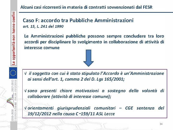 Alcuni casi ricorrenti in materia di contratti sovvenzionati dal FESR Caso F: accordo tra