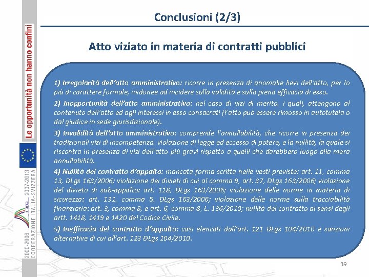 Conclusioni (2/3) Atto viziato in materia di contratti pubblici 1) Irregolarità dell’atto amministrativo: ricorre
