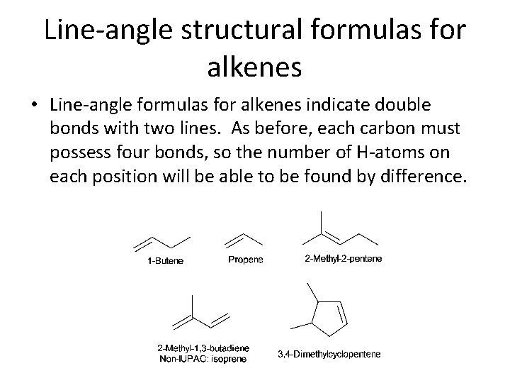 Line-angle structural formulas for alkenes • Line-angle formulas for alkenes indicate double bonds with