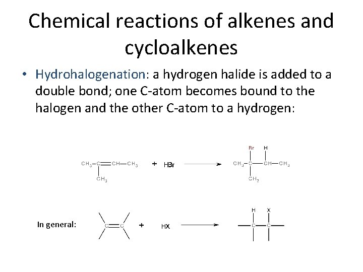 Chemical reactions of alkenes and cycloalkenes • Hydrohalogenation: a hydrogen halide is added to