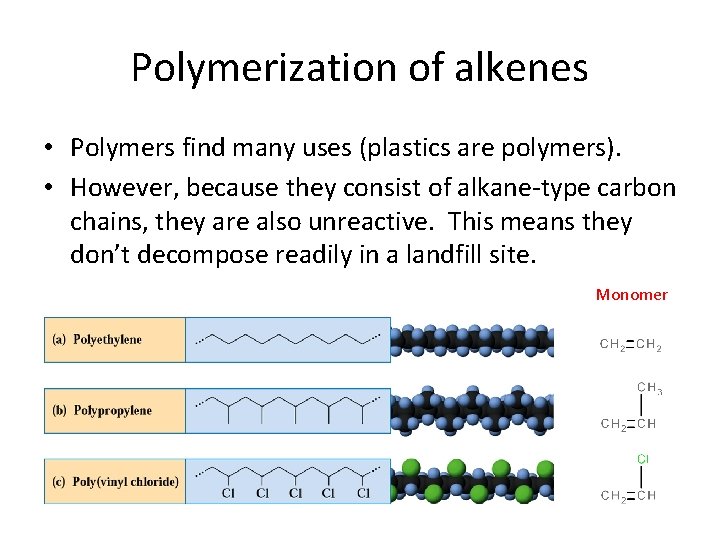 Polymerization of alkenes • Polymers find many uses (plastics are polymers). • However, because