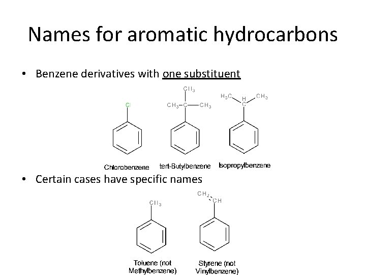 Names for aromatic hydrocarbons • Benzene derivatives with one substituent • Certain cases have