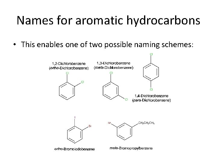 Names for aromatic hydrocarbons • This enables one of two possible naming schemes: 