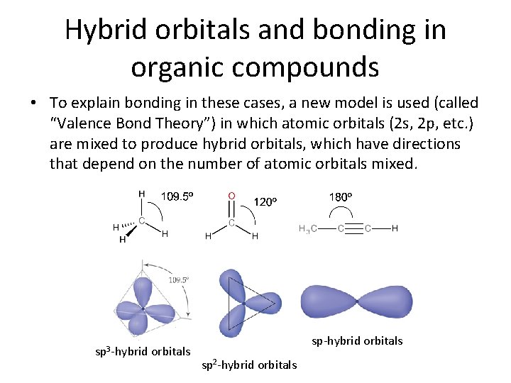 Hybrid orbitals and bonding in organic compounds • To explain bonding in these cases,