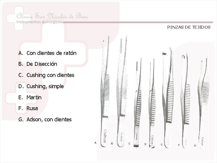 PINZAS DE TEJIDOS A. Con dientes de ratón B. De Disección C. Cushing con