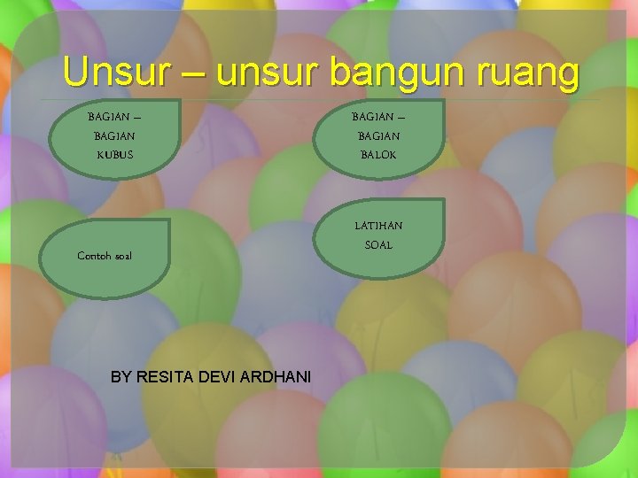 Unsur – unsur bangun ruang BAGIAN – BAGIAN KUBUS Contoh soal BY RESITA DEVI