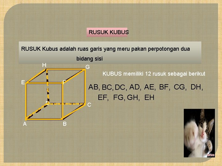 RUSUK KUBUS RUSUK Kubus adalah ruas garis yang meru pakan perpotongan dua bidang sisi