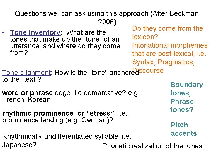 Questions we can ask using this approach (After Beckman 2006) Do they come from