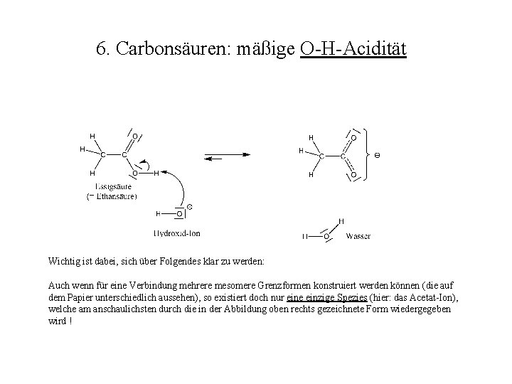 6. Carbonsäuren: mäßige O-H-Acidität Wichtig ist dabei, sich über Folgendes klar zu werden: Auch