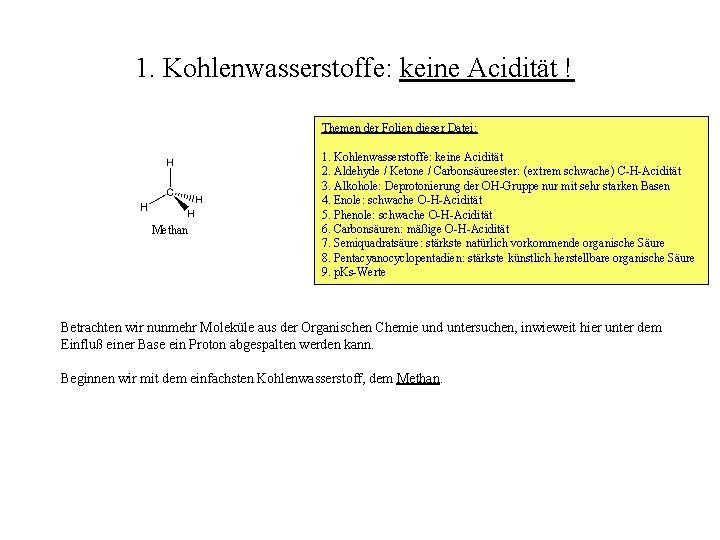 1. Kohlenwasserstoffe: keine Acidität ! Themen der Folien dieser Datei: Methan 1. Kohlenwasserstoffe: keine