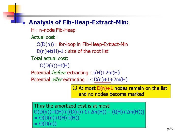 n Analysis of Fib-Heap-Extract-Min: H : n-node Fib-Heap Actual cost : O(D(n)) : for-loop