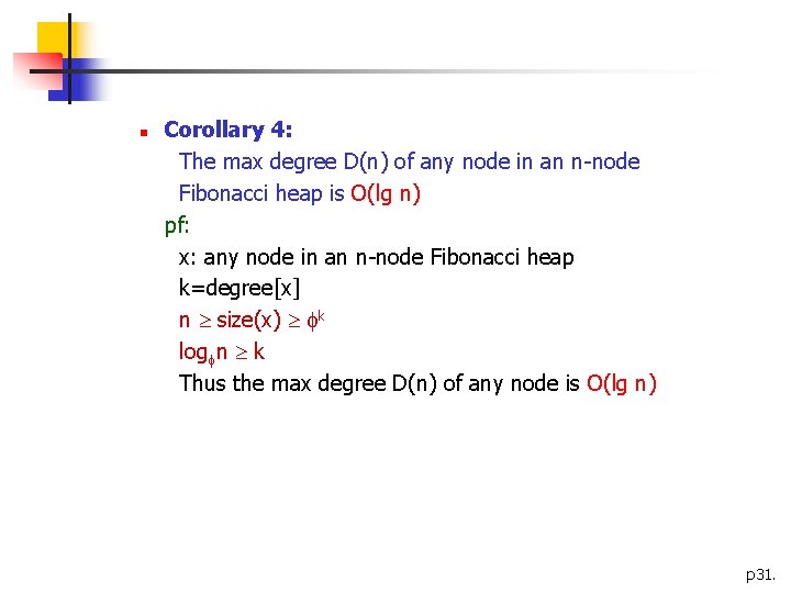 n Corollary 4: The max degree D(n) of any node in an n-node Fibonacci