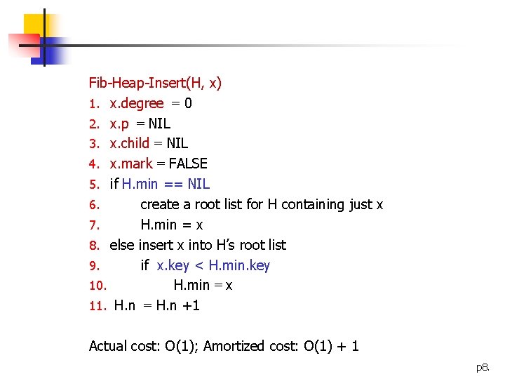 Fib-Heap-Insert(H, x) 1. x. degree = 0 2. x. p = NIL 3. x.