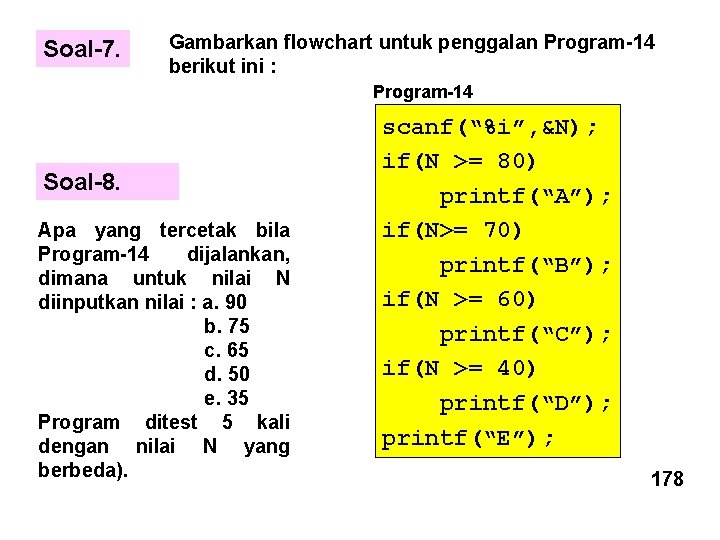 Soal-7. Gambarkan flowchart untuk penggalan Program-14 berikut ini : Program-14 Soal-8. Apa yang tercetak
