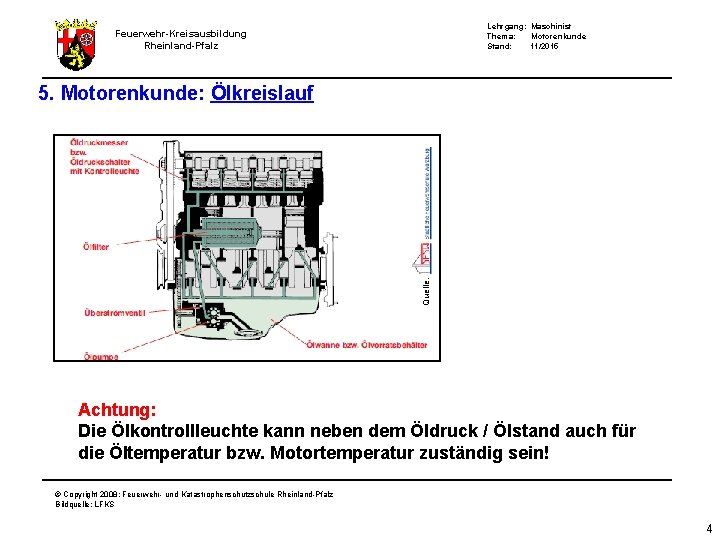 Lehrgang: Maschinist Thema: Motorenkunde Stand: 11/2015 Feuerwehr-Kreisausbildung Rheinland-Pfalz Quelle: 5. Motorenkunde: Ölkreislauf Achtung: Die