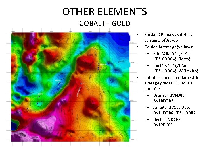 OTHER ELEMENTS COBALT - GOLD • • • Partial ICP analysis detect contents of