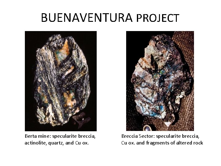 BUENAVENTURA PROJECT Berta mine: specularite breccia, actinolite, quartz, and Cu ox. Breccia Sector: specularite