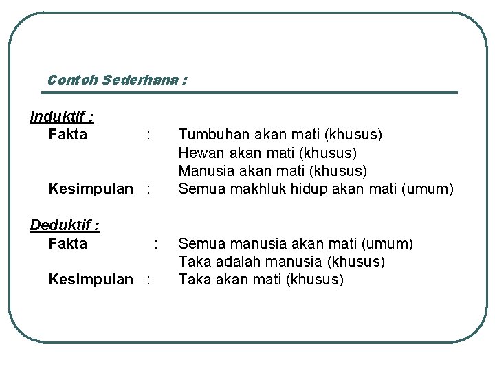 Contoh Sederhana : Induktif : Fakta : Tumbuhan akan mati (khusus) Hewan akan mati