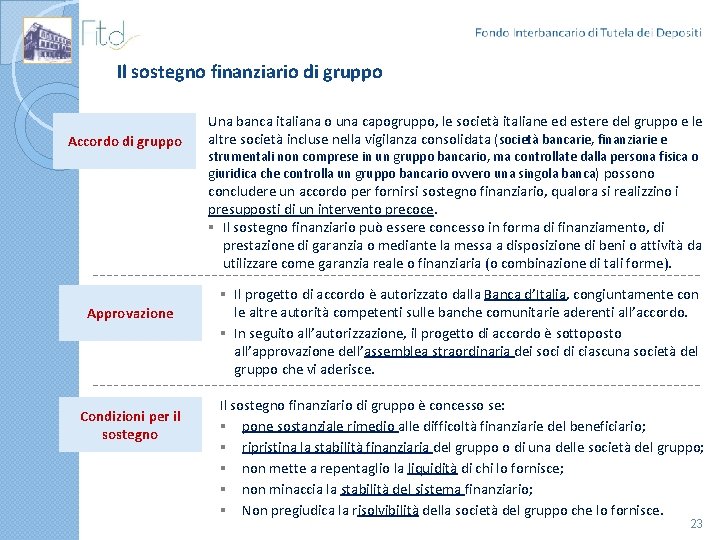 Il sostegno finanziario di gruppo Accordo di gruppo Una banca italiana o una capogruppo,