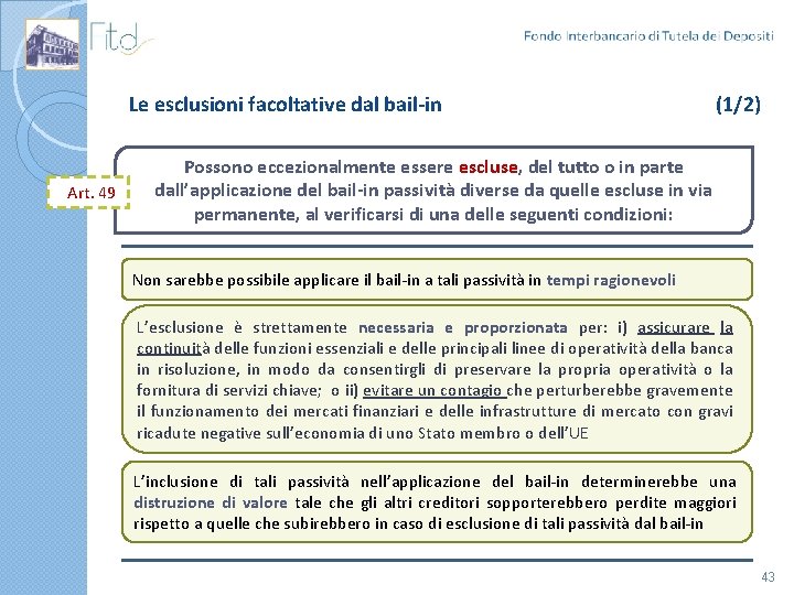 Le esclusioni facoltative dal bail-in Art. 49 (1/2) Possono eccezionalmente essere escluse, del tutto