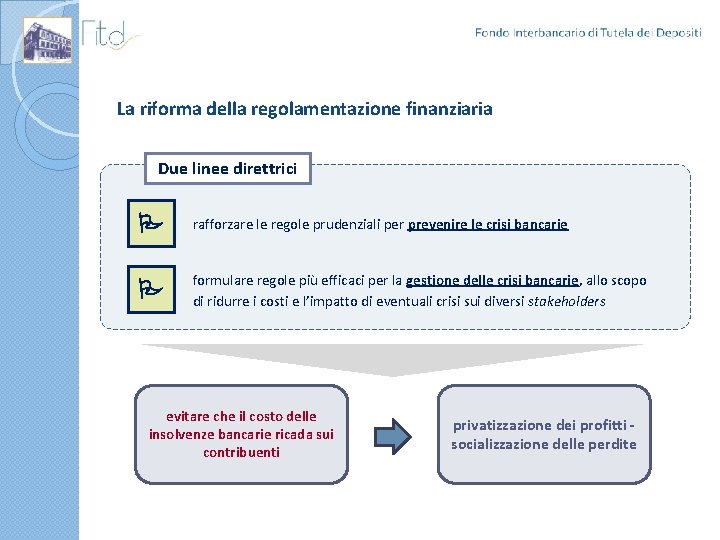 La riforma della regolamentazione finanziaria Due linee direttrici rafforzare le regole prudenziali per prevenire