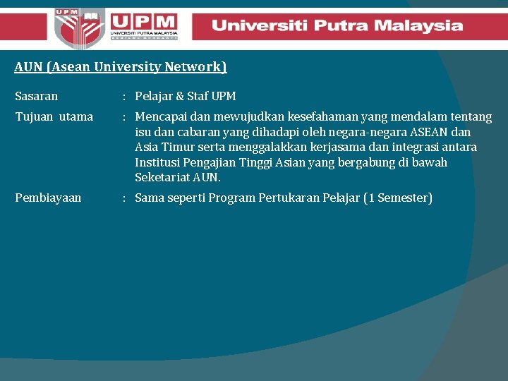 AUN (Asean University Network) Sasaran : Pelajar & Staf UPM Tujuan utama : Mencapai