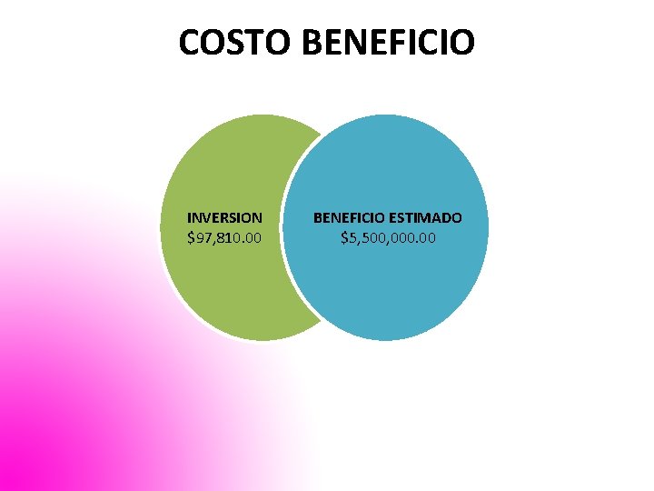 COSTO BENEFICIO INVERSION $97, 810. 00 BENEFICIO ESTIMADO $5, 500, 000. 00 