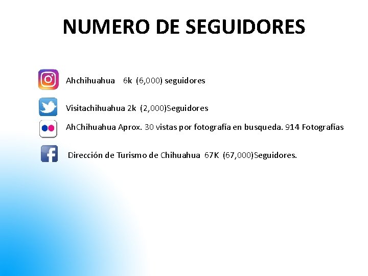 NUMERO DE SEGUIDORES Ahchihuahua 6 k (6, 000) seguidores Visitachihuahua 2 k (2, 000)Seguidores