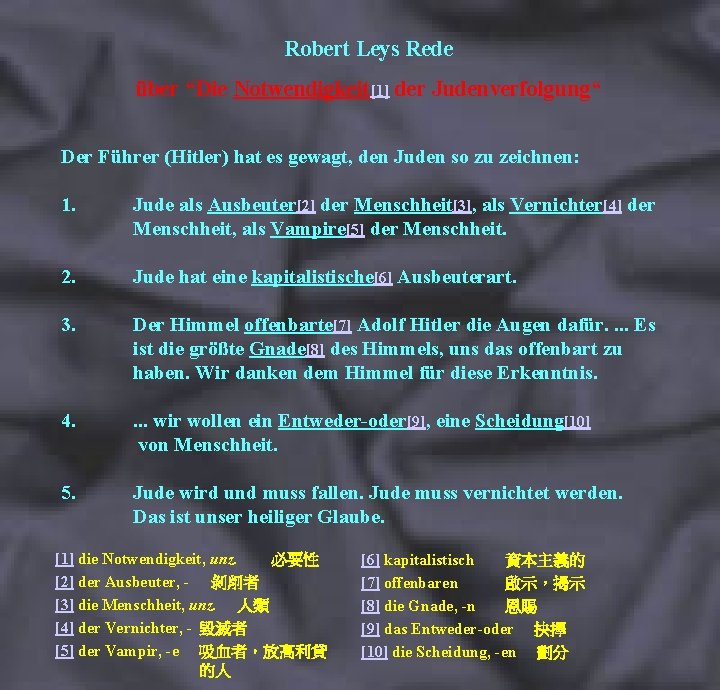 Robert Leys Rede über “Die Notwendigkeit[1] der Judenverfolgung“ Der Führer (Hitler) hat es gewagt,