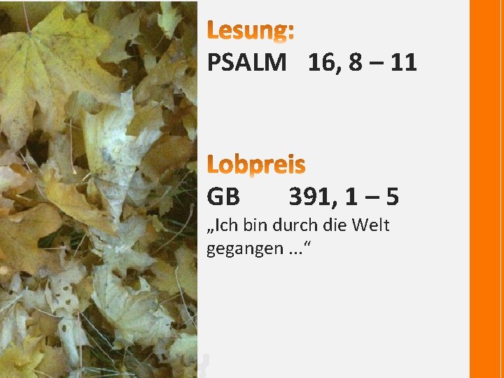 PSALM 16, 8 – 11 GB 391, 1 – 5 „Ich bin durch die