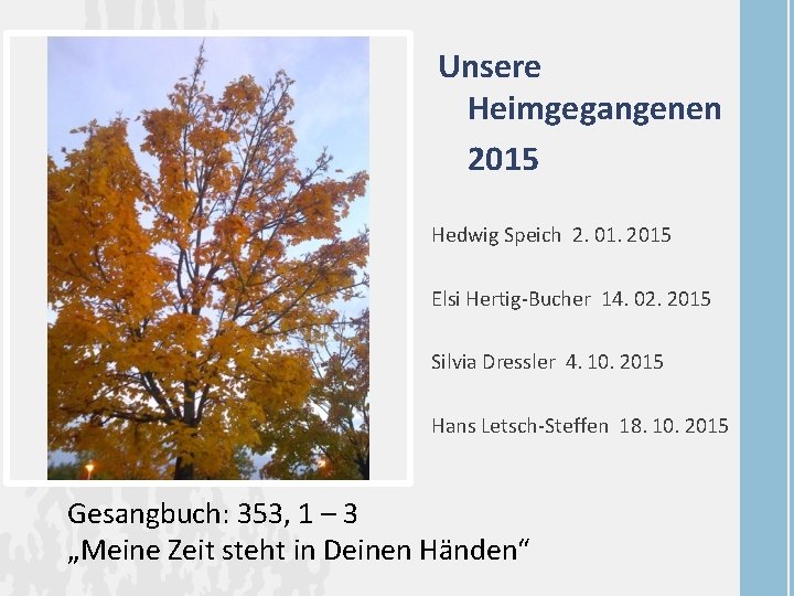 Unsere Heimgegangenen 2015 Hedwig Speich 2. 01. 2015 Elsi Hertig-Bucher 14. 02. 2015 Silvia