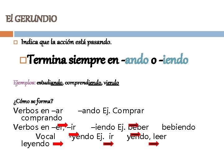 El GERUNDIO Indica que la acción está pasando. Termina siempre en -ando o -iendo