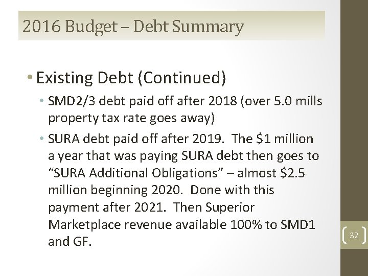 2016 Budget – Debt Summary • Existing Debt (Continued) • SMD 2/3 debt paid