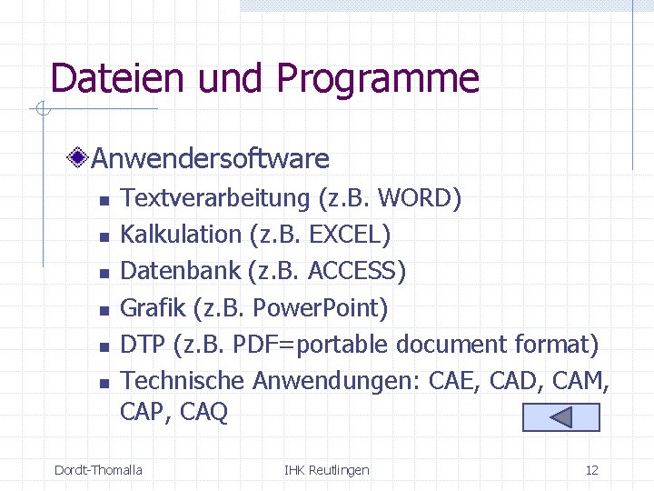 Dateien und Programme Anwendersoftware n n n Textverarbeitung (z. B. WORD) Kalkulation (z. B.