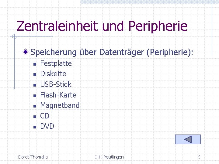 Zentraleinheit und Peripherie Speicherung über Datenträger (Peripherie): n n n n Festplatte Diskette USB-Stick