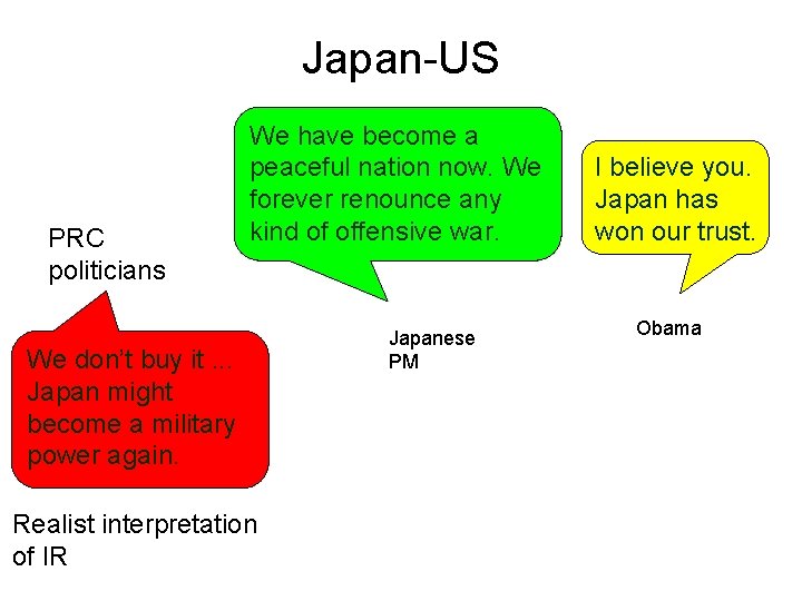 Japan-US PRC politicians We have become a peaceful nation now. We forever renounce any