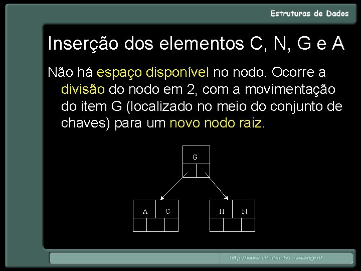 Inserção dos elementos C, N, G e A Não há espaço disponível no nodo.