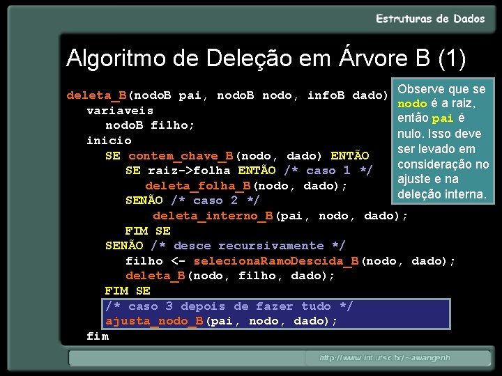 Algoritmo de Deleção em Árvore B (1) deleta_B(nodo. B pai, nodo. B nodo, info.