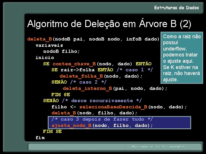 Algoritmo de Deleção em Árvore B (2) deleta_B(nodo. B pai, nodo. B nodo, info.